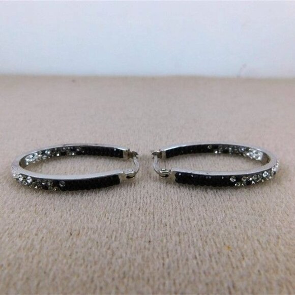 131/127   Midas 925 Malaysia Hoop Earrings Black / Clear Stones 1 1/2in - Picture 4 of 5